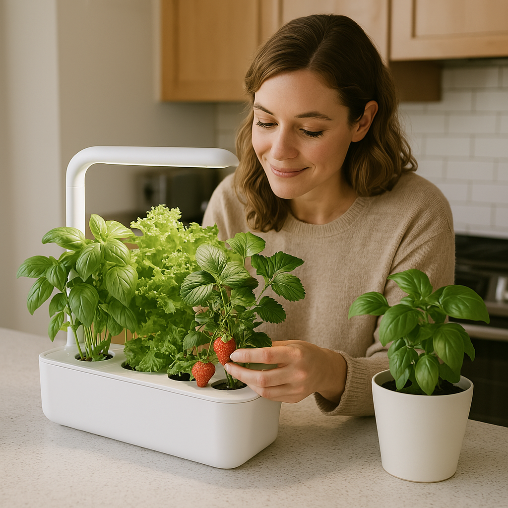 Woman using hydroponic grow kit for fresh herbs at home.